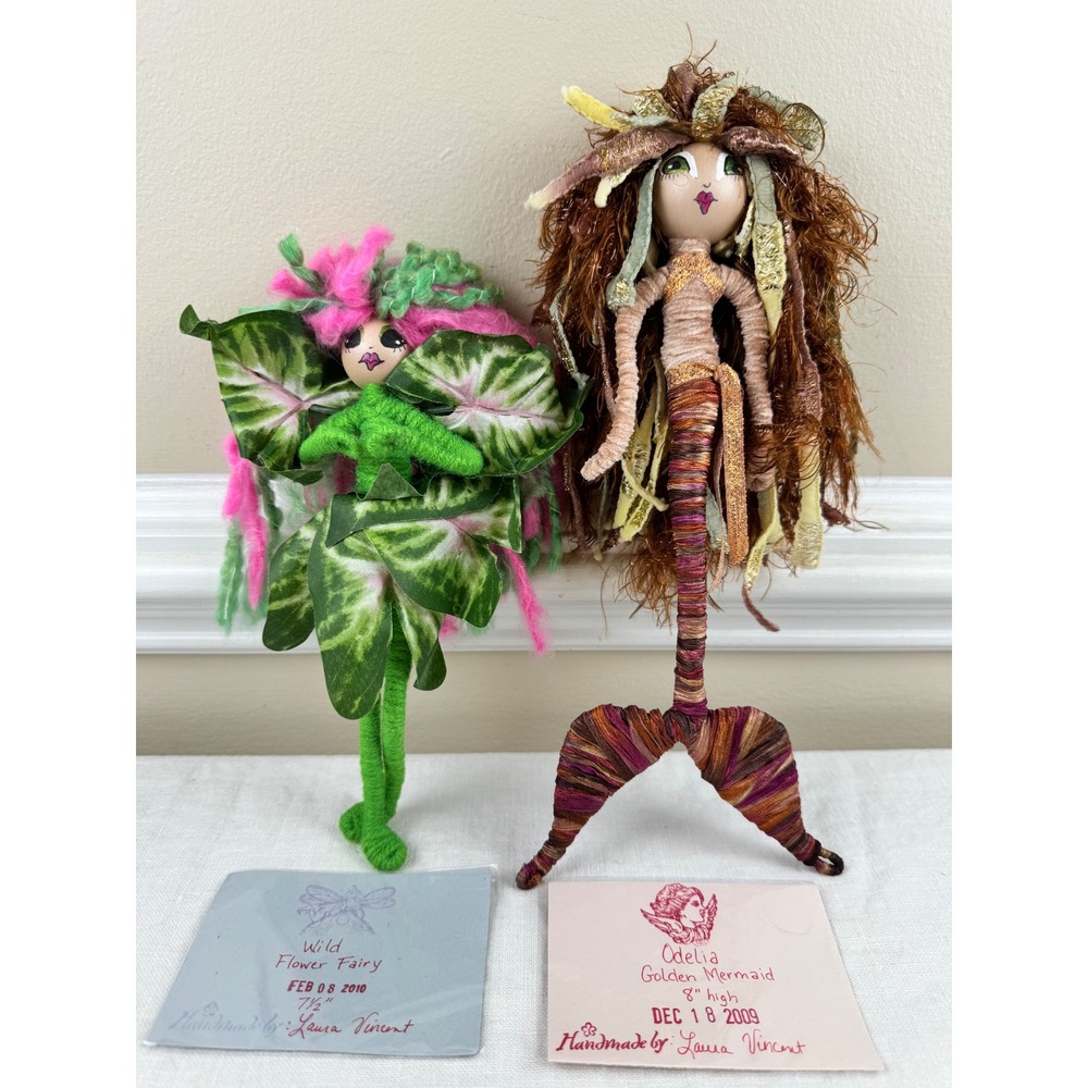 Laura Vincent Handmade Art Dolls Wild Flower Fairy & Odelia Golden Mermaid Set
